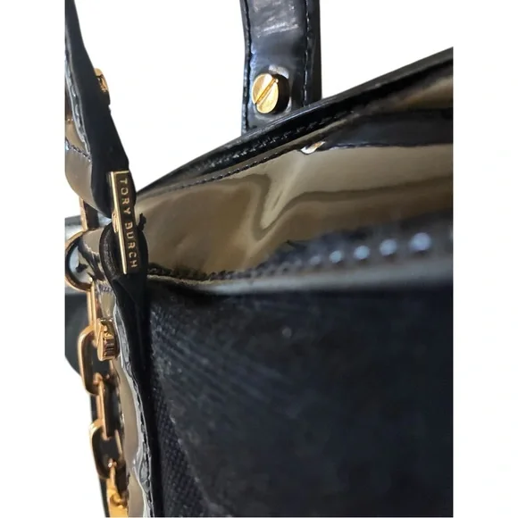 TORY BURCH Large Logo Charm Tote Black Canvas Patent Leather EUC - Picture 4 of 10